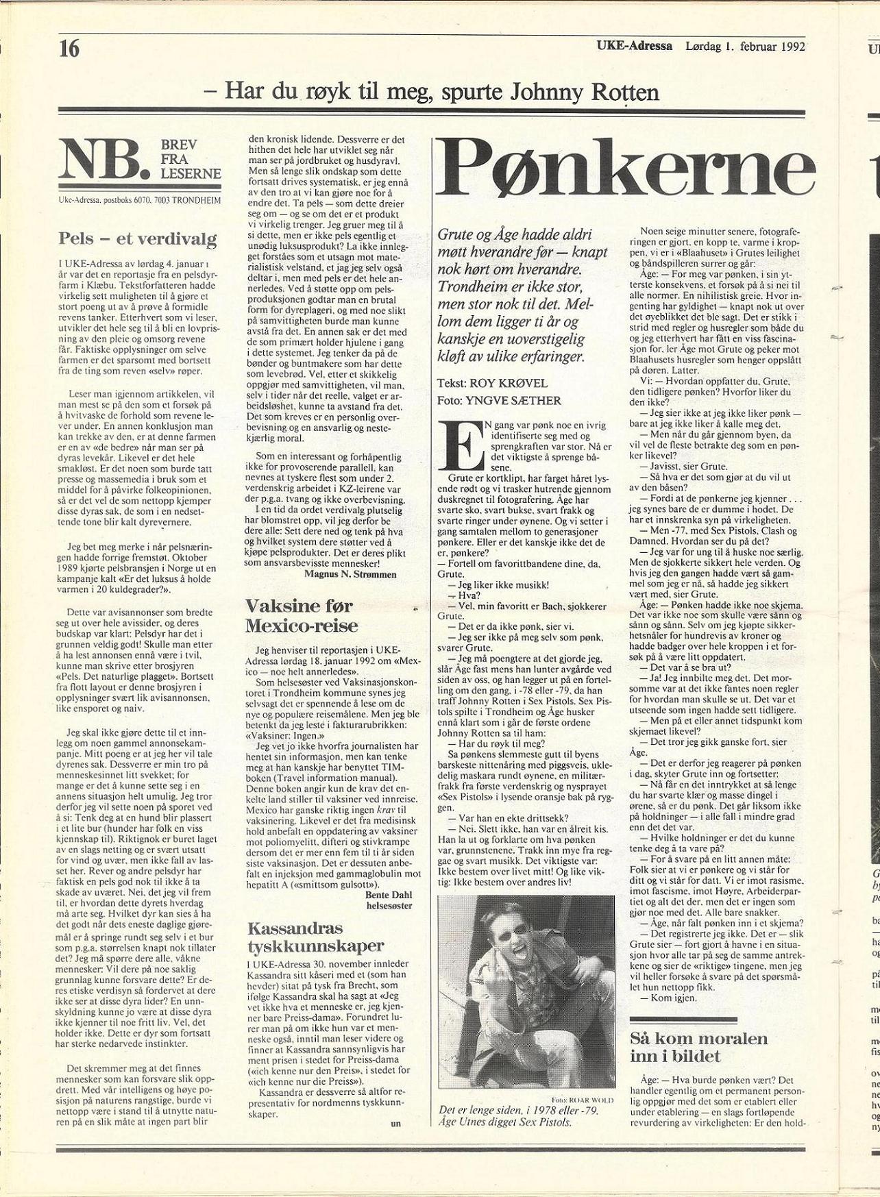 Uke-Adressa 1. februar 1992, venstre side (Klikk for st&oslash;rre faksimile!)